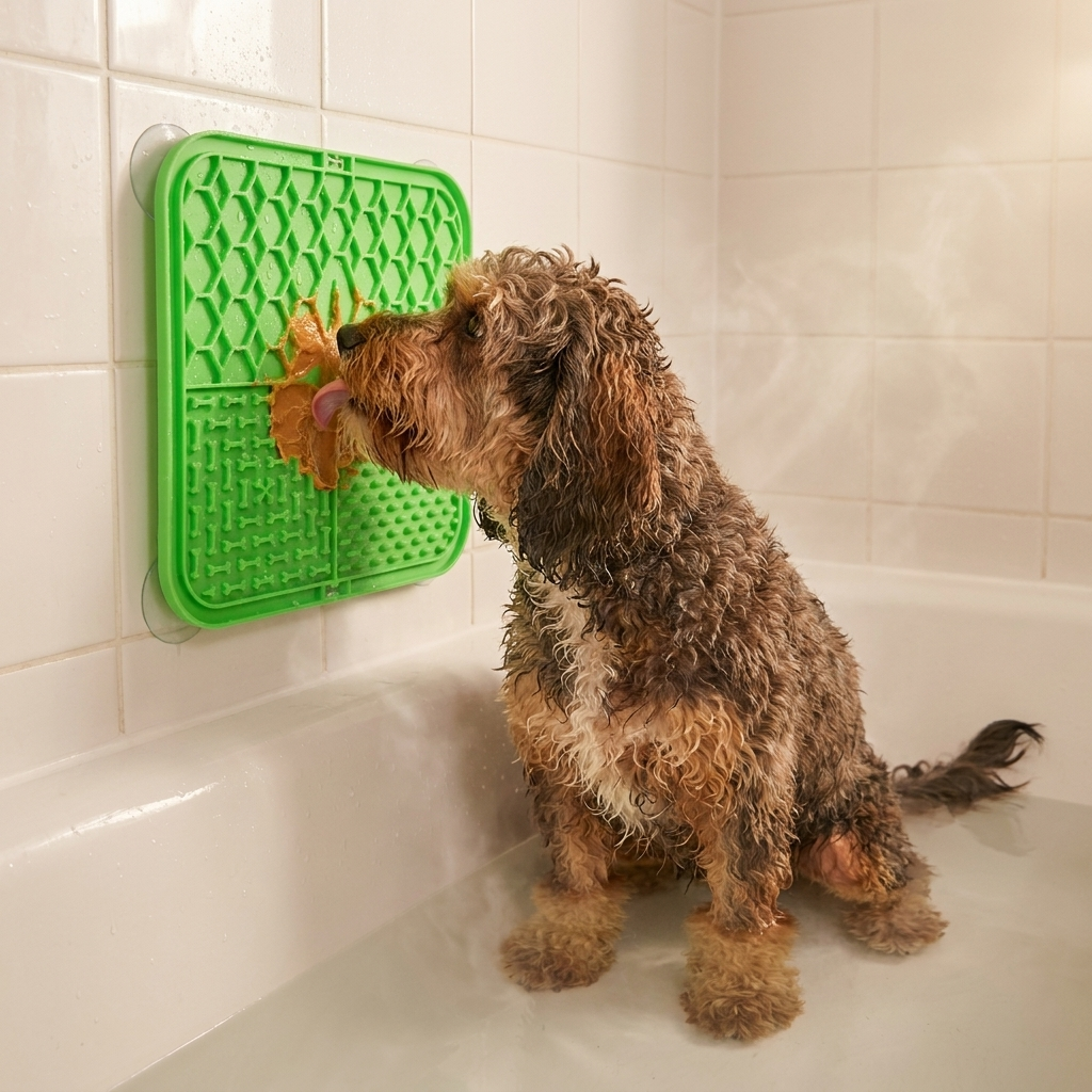 Dog licking peanut butter from CalmPaws textured silicone mat